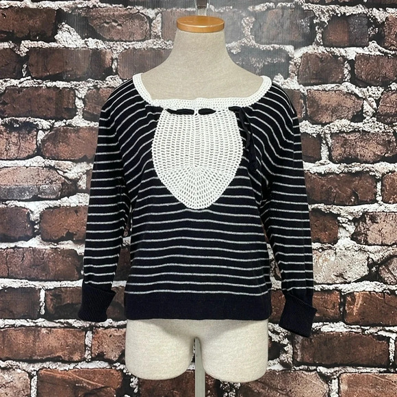 Anthropologie Field Flower Sweater Women's XL X Large Black White Stripe Crochet - Picture 5 of 13